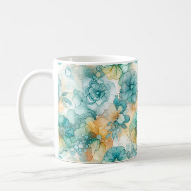 Caneca De Café Ilustração da Tinta Álcool das Flores Teais e Amar (Esquerda)