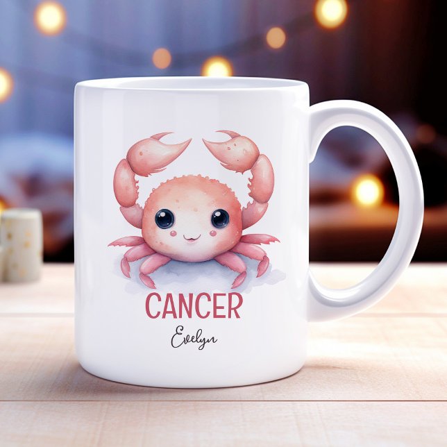 Caneca De Café Ilustração de Aquarela Cúbica do Cancer Nome Zodía (Cute Watercolor Illustration of Cancer Zodiac Name Coffee Mug)