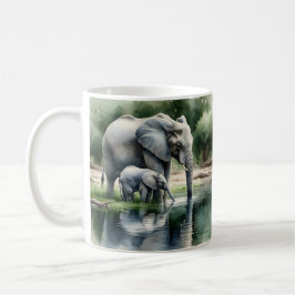 Caneca De Café Ilustração de Aquarela de Mamãe e Elefante Bebê