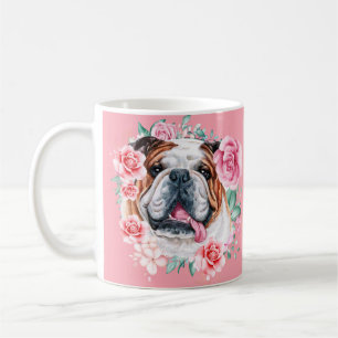 Caneca De Café Ilustração de Bulldog rosa de aquarela arte floral