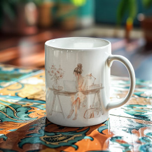 Caneca De Café Ilustração de Chefe Mulher com Monograma Chic   Aq