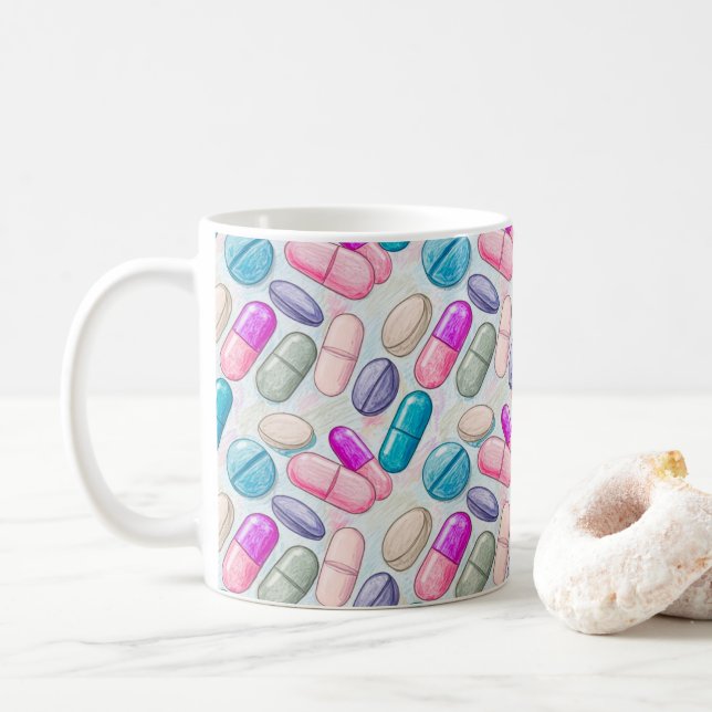 Caneca De Café Ilustração de Comprimidos Pastel de Farmacêutico (Com Donut)