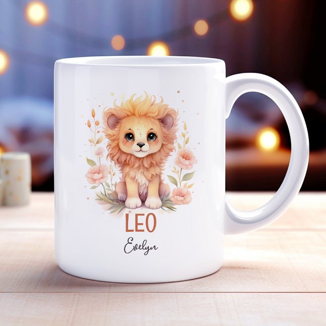 Caneca De Café Ilustração de Cores Aquáticas de Leo Zodiac (Cute Watercolor Illustration of Leo Zodiac Name Coffee Mug)