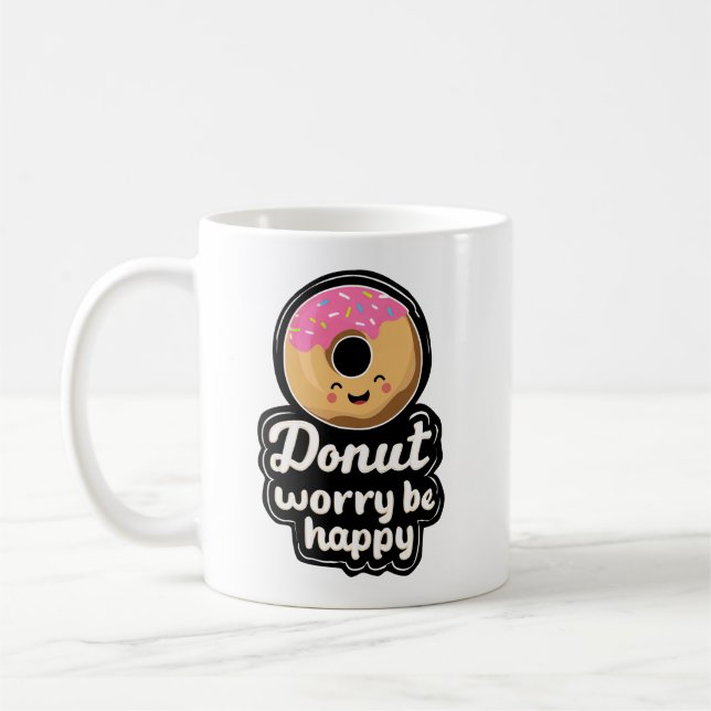 Caneca De Café Ilustração de Donut Sorridente Fofo – “Donut Worry (Esquerda)