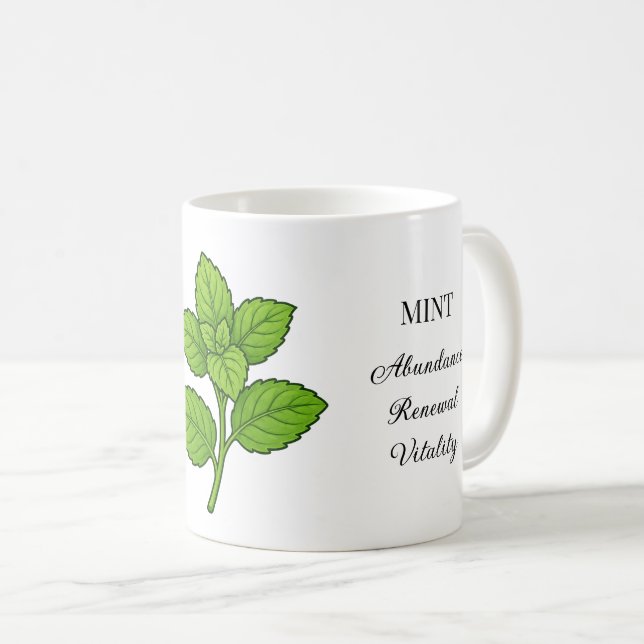 Caneca De Café Ilustração de Erva de Hortelã e Usos (Frente Esquerda)