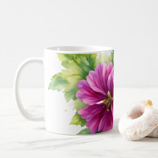 Caneca De Café Ilustração de Flor Aquarela Roxa (Com Donut)
