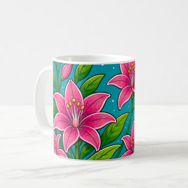 Caneca De Café Ilustração de Flores de Lírio Rosa com Folhagem Ve (Frente Esquerda)