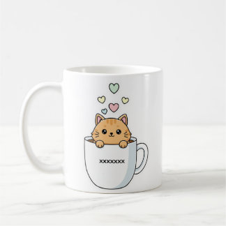Caneca De Café Ilustração de Gato Kawaii e Corações de Café