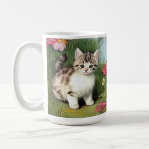 Caneca De Café Ilustração de Gato Vintage com Flores Vermelhas