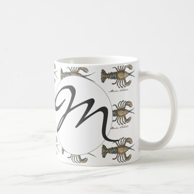 Caneca De Café Ilustração de Lagosta Vintage: Damask Costeiro (Direita)