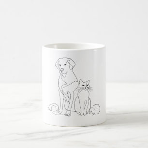 Caneca De Café Ilustração de Linha de Cachorro e Gato Pintada à M