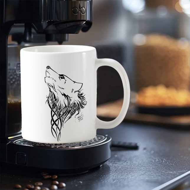 Caneca De Café Ilustração de Lobo Preto Tribal Uivando com Tinta (Criador carregado)
