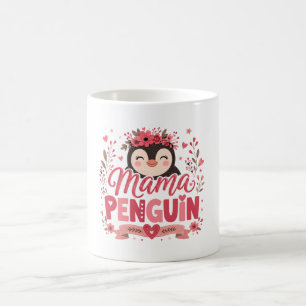 Caneca De Café Ilustração de Mamãe Pinguim Floral Rosa Maternidad