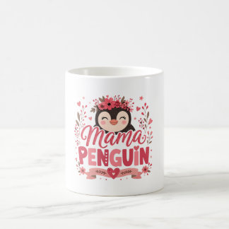 Caneca De Café Ilustração de Mamãe Pinguim Floral Rosa Maternidad