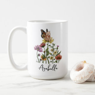 Caneca De Café Ilustração de Nome Floral de Coelho Butterfly Fofo