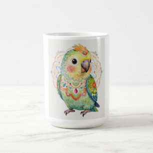 Caneca De Café Ilustração de Papagaio Decorativo de Arte Popular
