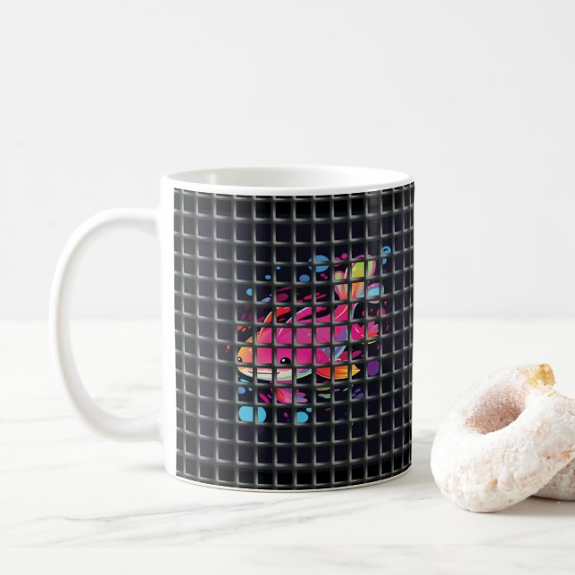 Caneca De Café Ilustração de Peixe Atrás da Rede (Com Donut)