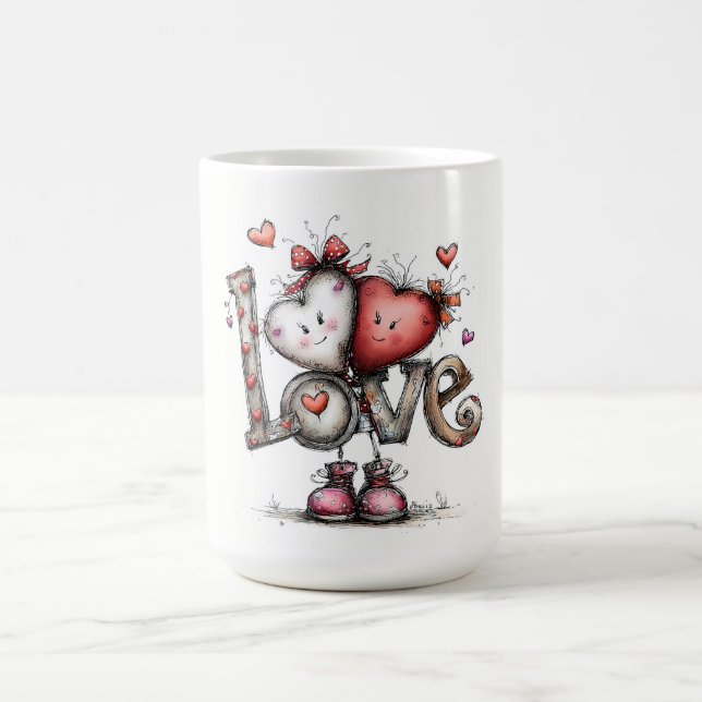 Caneca De Café Ilustração de Personagens com Coração e AMOR (Centro)