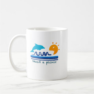 Caneca De Café Ilustração de Praia com Golfinhos Saltando Pincel