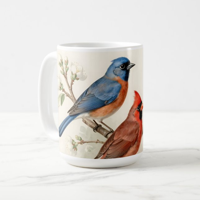 Caneca De Café Ilustração de Ramalhete de Flores de Pássaro Canto (Frente Esquerda)
