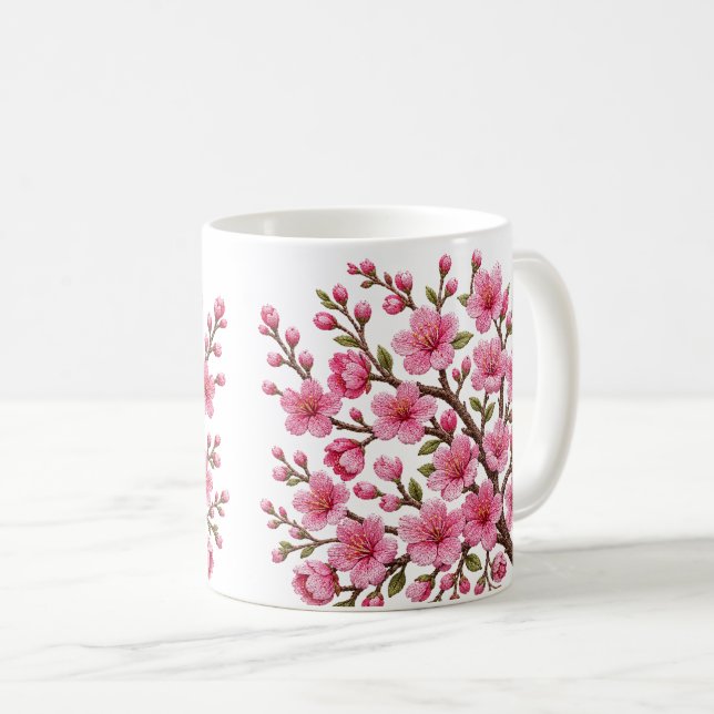 Caneca De Café Ilustração de ramo de sakura bordado em falso 3D (Frente Esquerda)