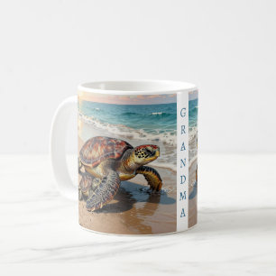 Caneca De Café Ilustração de Tartaruga Marinha e Bebê   Personali