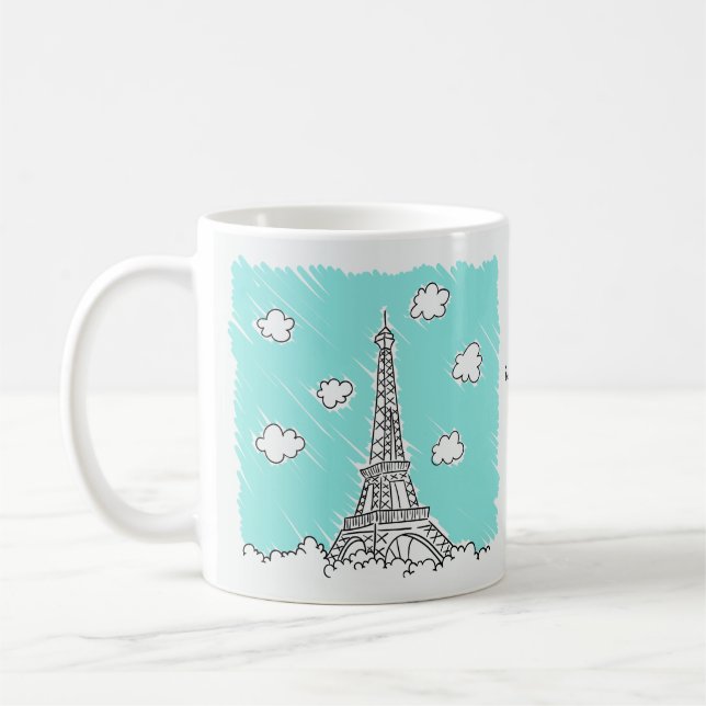 Caneca De Café Ilustração de texto personalizado da Torre Eiffel (Esquerda)