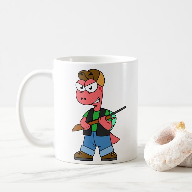 Caneca De Café Ilustração De Um Caçador De Espinossauro Com Arma. (Com Donut)