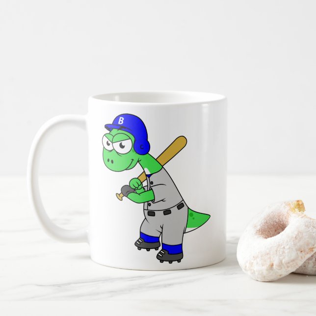 Caneca De Café Ilustração De Um Jogador De Beisebol Brontossauro. (Com Donut)