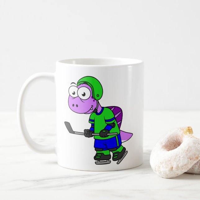 Caneca De Café Ilustração De Um Jogador De Hockey Com Espinossaur (Com Donut)