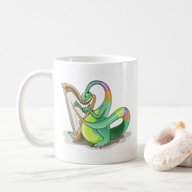 Caneca De Café Ilustração De Um Plateossauro Jogando A Harpa. (Com Donut)