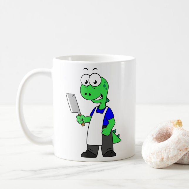 Caneca De Café Ilustração De Um Tiranossauro Rex Butcher. (Com Donut)