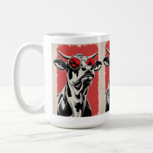 Caneca De Café Ilustração de Vaca Negra com Óculos de Sol Vermelh