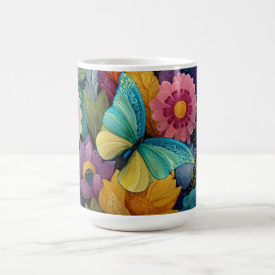 Caneca De Café Ilustração Detalhada de Flores e Borboletas