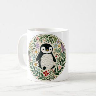 Caneca De Café Ilustração dos Amantes de Pinguim de Flor Selvagem
