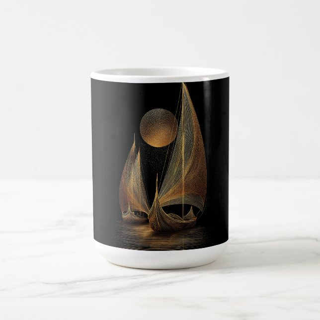 Caneca De Café Ilustração Elegante de Longships em Linha de Ouro (Centro)
