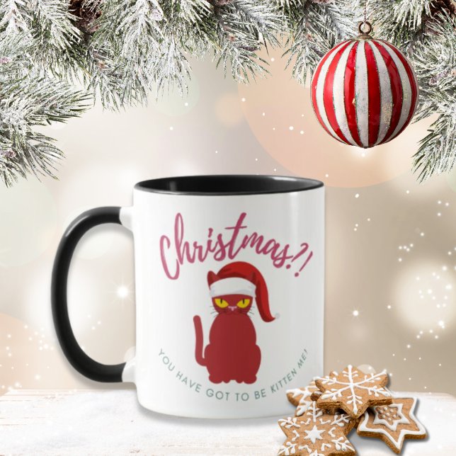 Caneca De Café Ilustração Engraçada de Gato de Natal Vermelho (Criador carregado)