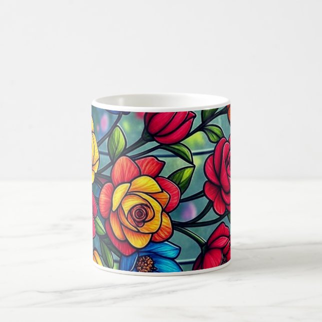 Caneca De Café Ilustração Floral de Copas e Padrões em Fundo Bran (Centro)