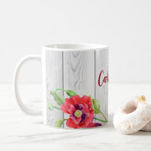 Caneca De Café Ilustração Floral de Papagaios Vermelhos com Aquar