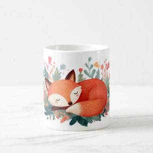 Caneca De Café Ilustração Fofa da Raposa Adormecida Floral