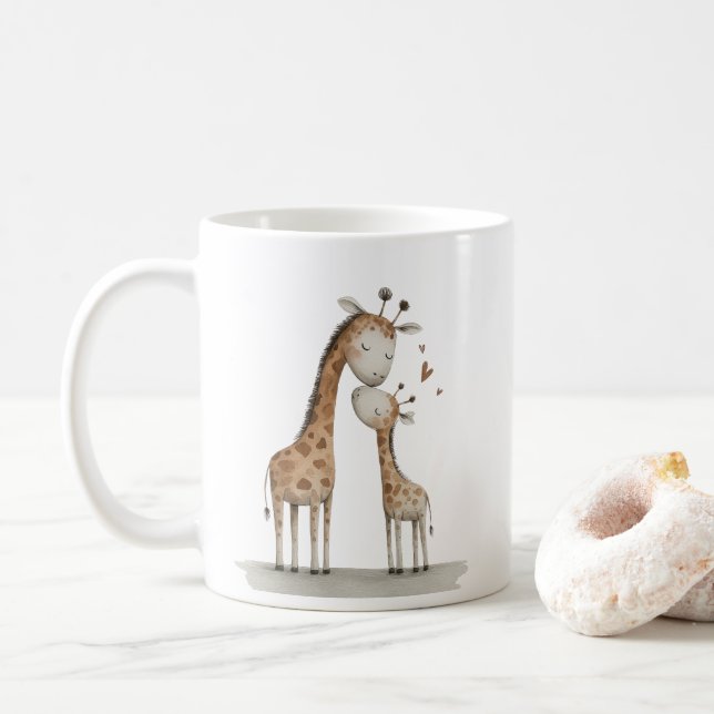 Caneca De Café Ilustração Fofa de Mamãe e Bebê Girafa (Com Donut)