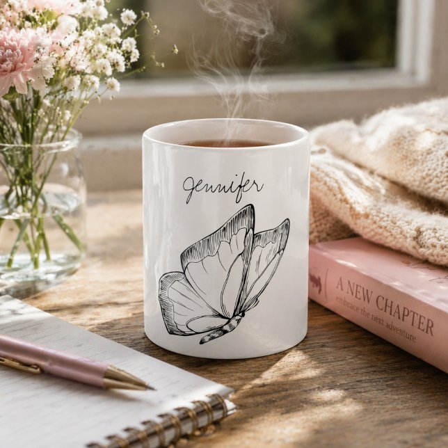 Caneca De Café Ilustração Moderna de Borboleta Monograma (Criador carregado)