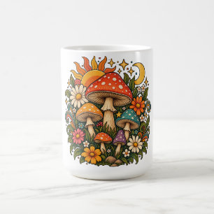 Caneca De Café Ilustração Retro Hippie de Cogumelo e Flor Silvest