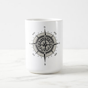 Caneca De Café Ilustração Vintage da Rosa dos Ventos em Monocromi