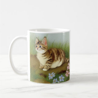Caneca De Café Ilustração Vintage Kitten com Flores