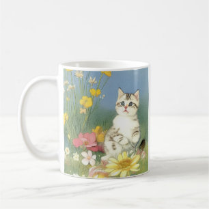Caneca De Café Ilustração Vintage Kitten com Flores Amarelas