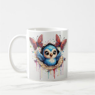 Caneca De Café Ilustração Whimsical De Pássaro Azul E Borboleta