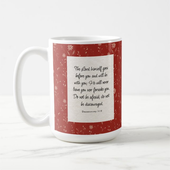 Caneca De Café Imagem do versículo da Bíblia Deuteronômio 31:8  (Esquerda)