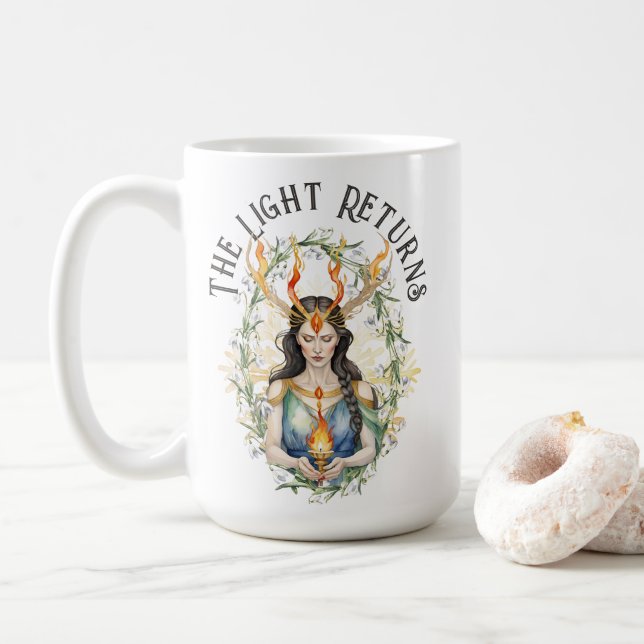 Caneca De Café Imbolc Wiccan Goddess Flame & Snowdrop Flowers (Com Donut)