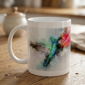 Caneca De Café Impressão de Arte Floral em Aquarela de Beija-flor
